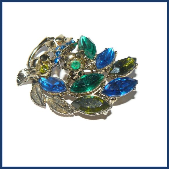 Blue and Green Navette Rhinestone Brooch - Picture 2 of 4